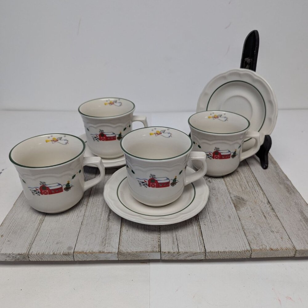 Pfaltzgraff Snow Village Set of 3 Saucers 4 Mugs Cups Tea Coffee Vintage